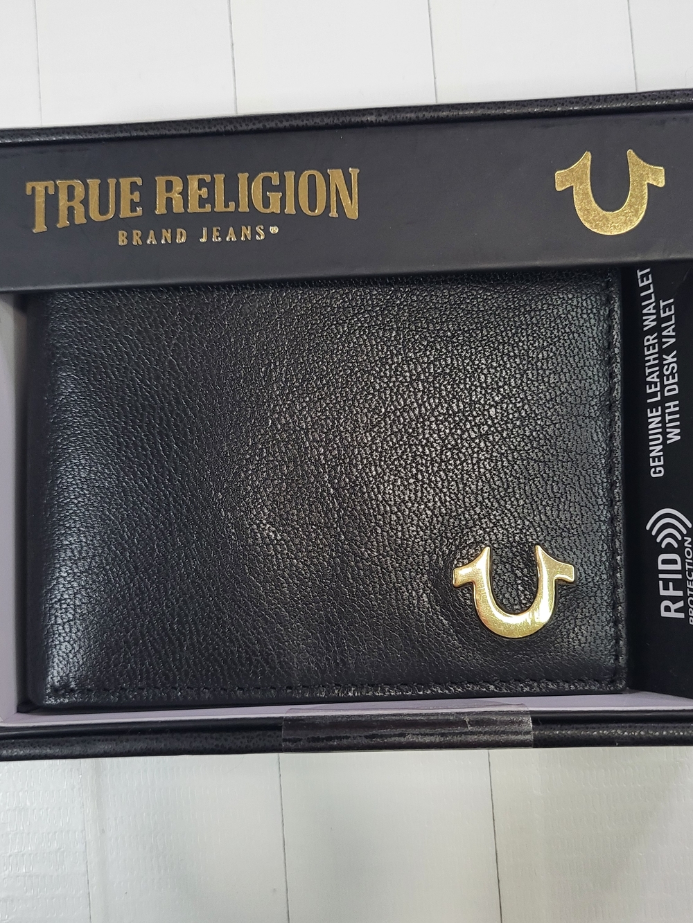 True Religion Black Leather Wallet with Gold Logo Accent